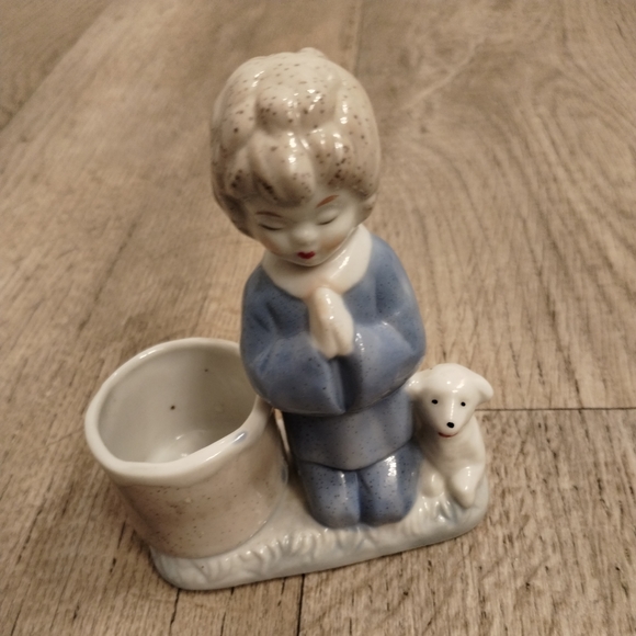 Porcelain Boy Praying with Lamb Ceramic Figurine Votive Candle Holder Vintage - Picture 2 of 12